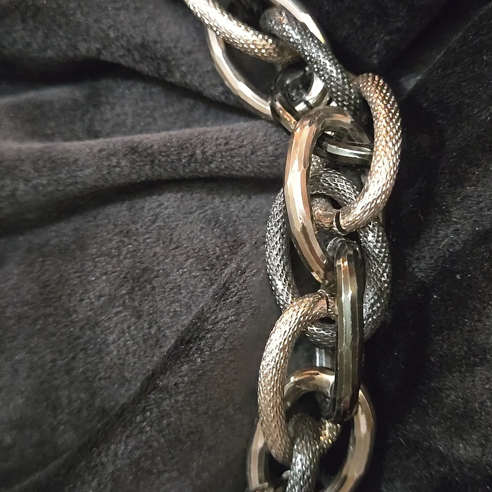Chunky And Textured Black, Gold  And Silver Tone Chain Necklace